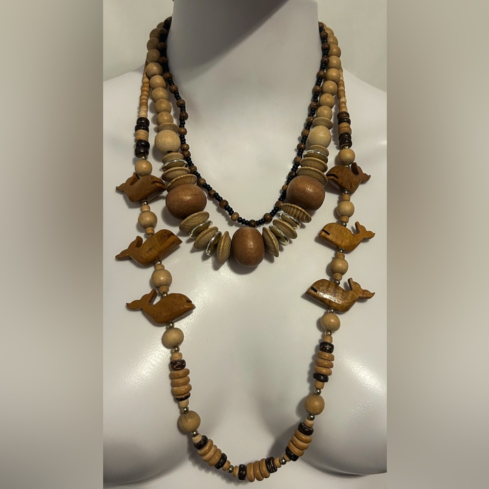 Rare Vintage 3 Piece Wooden Necklaces Whale Beads Retro Boho Ocean Fish Nautical